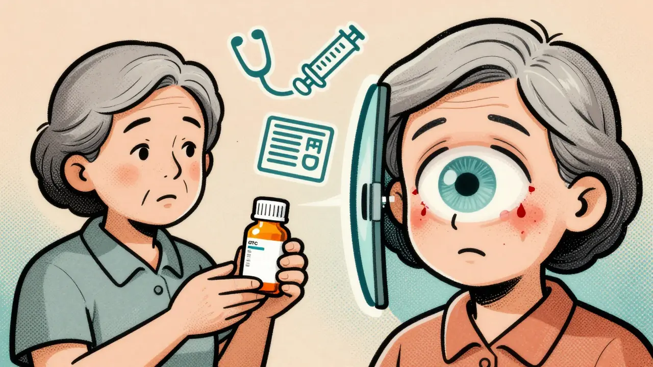 Split image of a woman calmly holding cold medicine versus suffering sudden eye emergency.