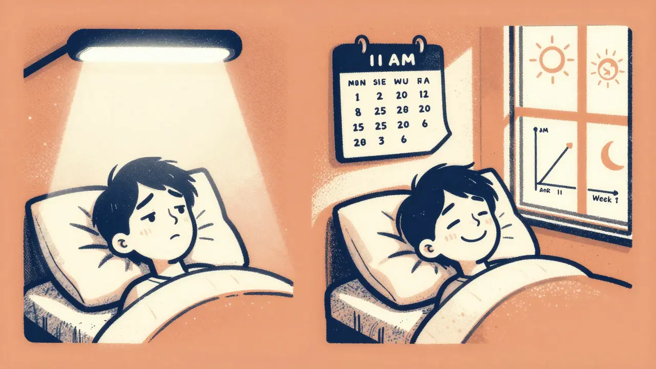 Split image of someone struggling to wake early versus sleeping naturally at 11 a.m. with sunlight.