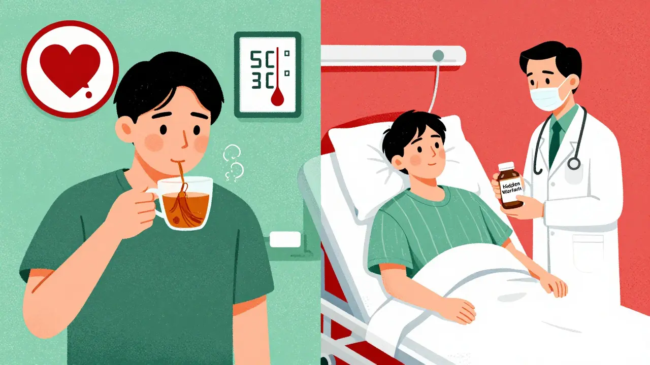Split scene: one person drinking ginseng tea while another lies in ER bed with warning symbols of bleeding and low blood pressure.