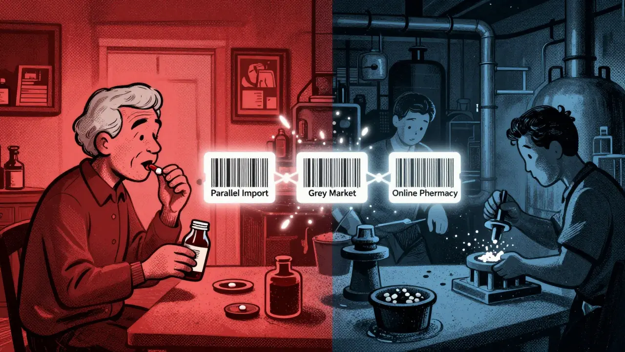 Split scene: patient taking pill at home, factory producing fakes, broken digital supply chain in between.