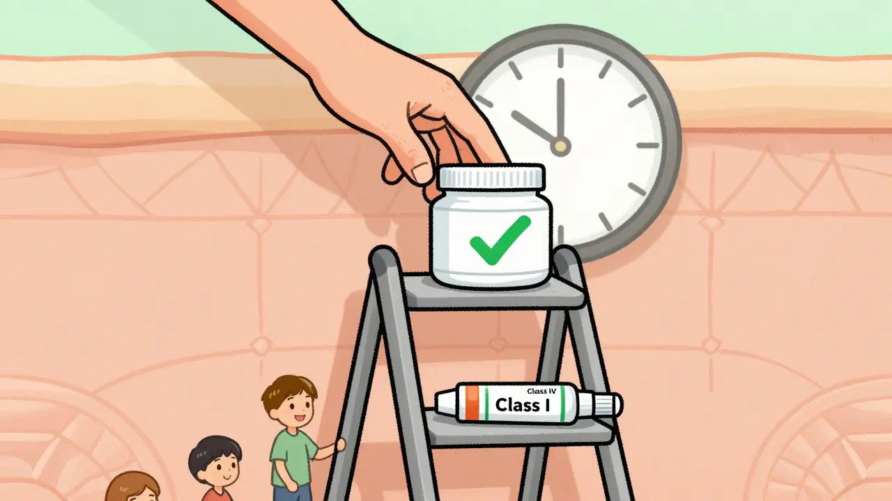 Step-down therapy ladder showing transition from strong steroid to moisturizer, with patient progressing upward.