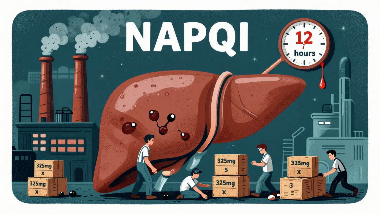 Stylized liver factory overwhelmed by acetaminophen crates, with toxic fumes and collapsing workers.