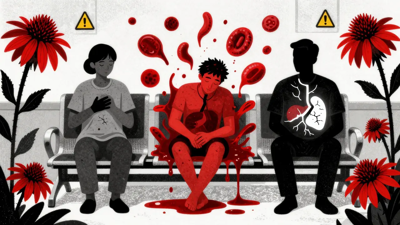 Three patient silhouettes in waiting room surrounded by ominous echinacea flowers with warning signs.