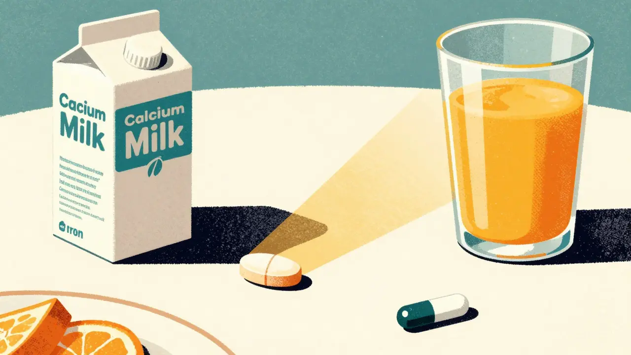 Thyroid pill shadowed by milk carton, orange juice boosting absorption on breakfast table.