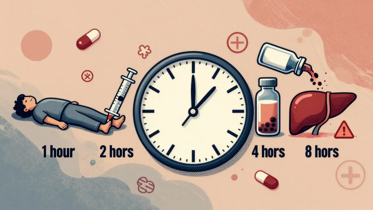 Timeline clock with medical events at four hours, surrounded by pills and liver warning symbols.