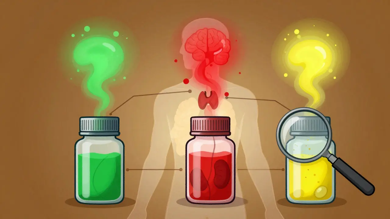 Transparent human body with glowing organs connected to three generic pills emitting different colored mists.