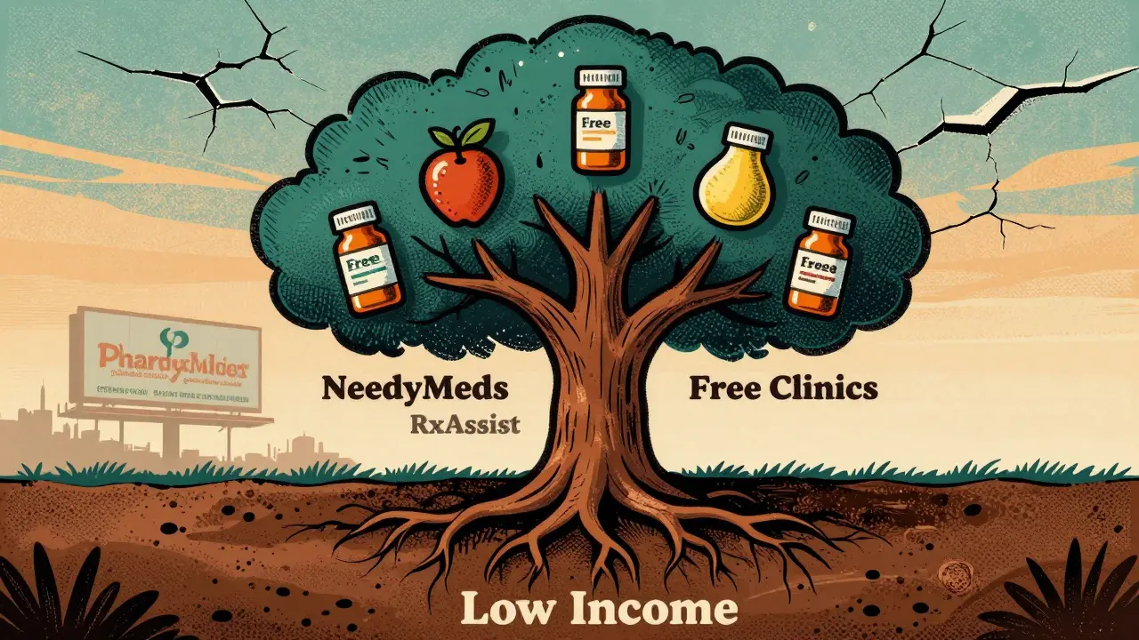 Tree with patient assistance program roots bearing free medicine fruit, fading pharmaceutical billboard above.