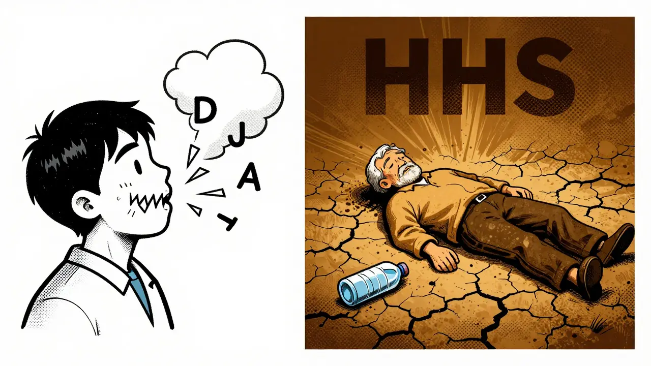 Two contrasting diabetic emergencies: DKA with rapid breathing and ketone shards, HHS with dehydration cracks.