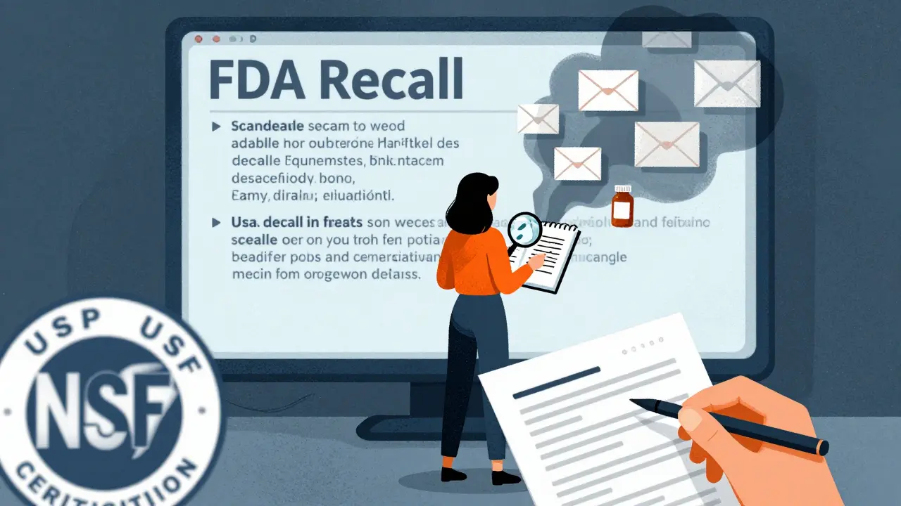 Woman reviewing drug alerts on a screen, holding a pill bottle and magnifying glass, scam emails fading behind.