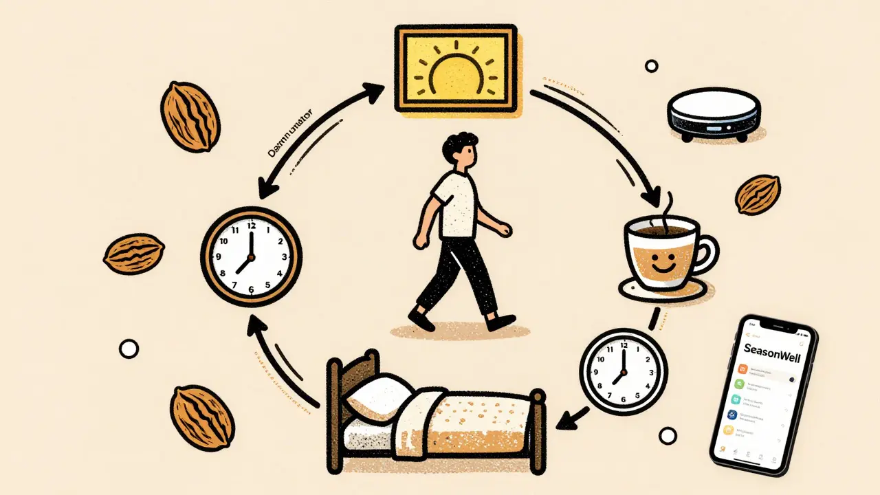 A circular daily routine diagram with light therapy, walking, and wake-up time icons.