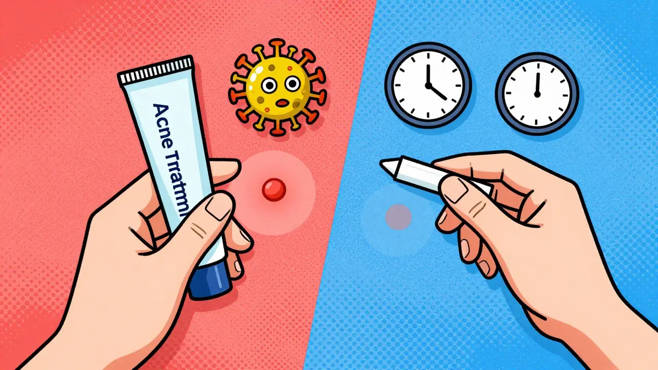 A hand incorrectly applying acne cream to a cold sore versus correctly using antiviral ointment, with warning symbols.