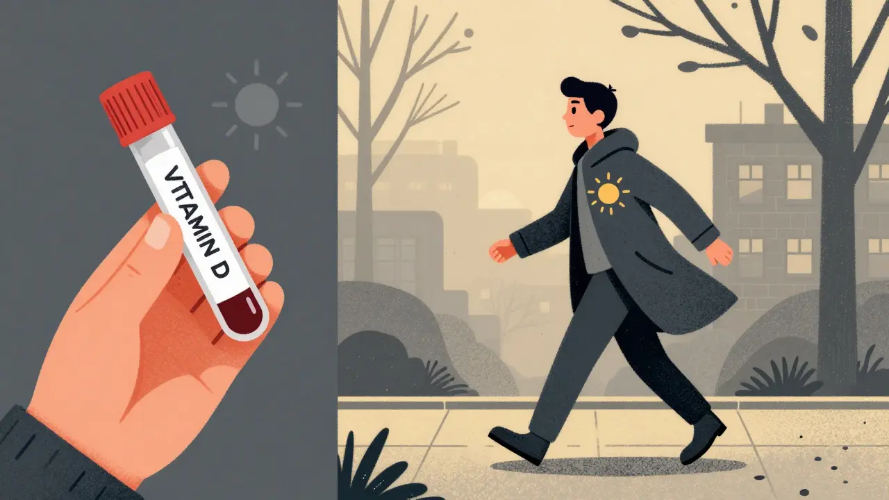 A person walking at dawn with a sunburst glowing from their chest, holding a vitamin D test vial.