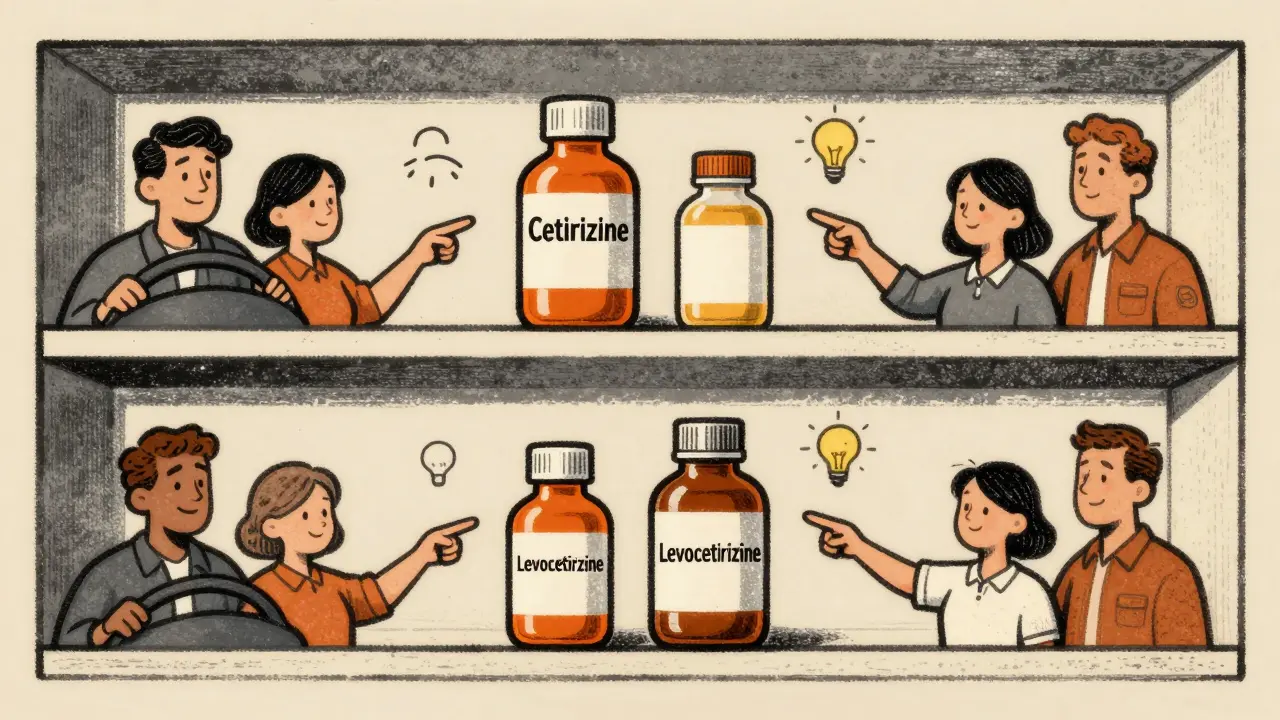 A pharmacy shelf with two antihistamine bottles, each linked to icons of drowsiness or alertness.