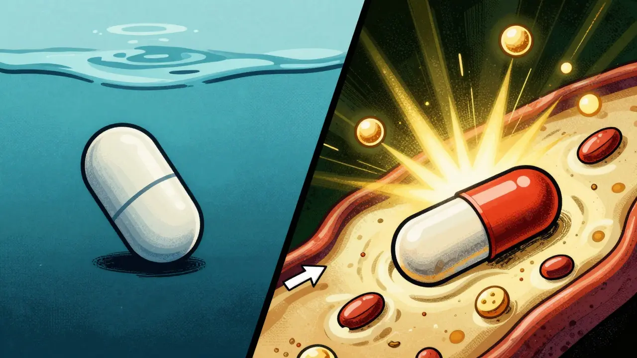 A pill in water vs. a pill in lipid emulsion, showing enhanced absorption with glowing molecular pathways.