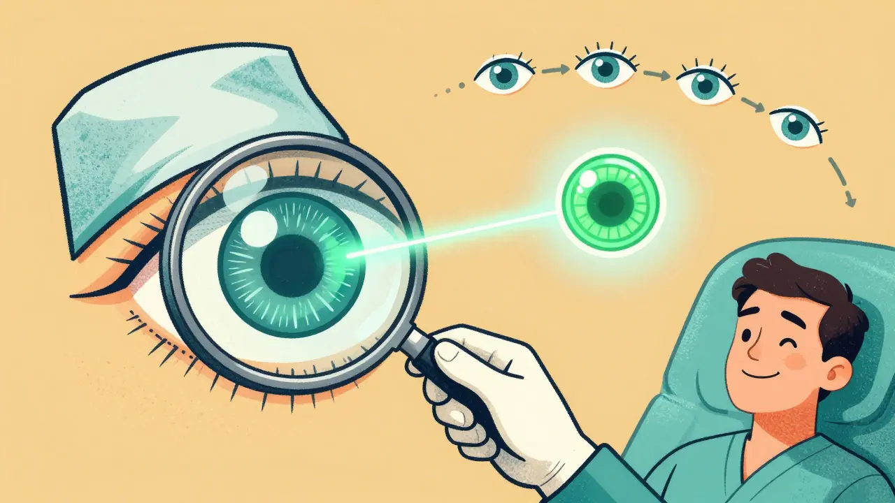 A surgeon uses a laser and enzyme treatment to reduce floaters, with a patient calmly recovering.