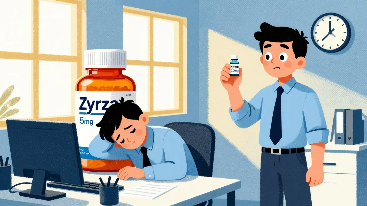 A tired worker next to an alert one, holding different allergy pills, with a clock showing afternoon.