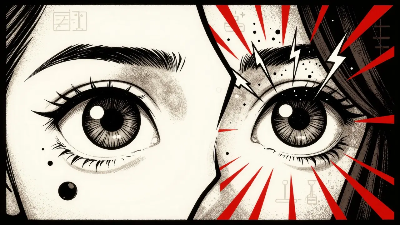 An eye shows normal floaters on one side and dangerous flashes and shadow on the other, signaling emergency symptoms.