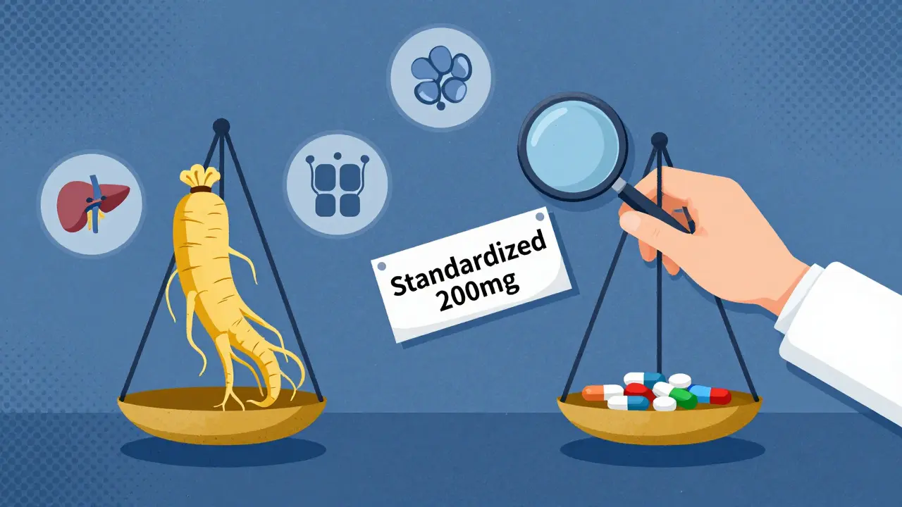 Balanced scale showing ginseng and diabetes meds with doctor adjusting, symbolizing safe, supervised use.