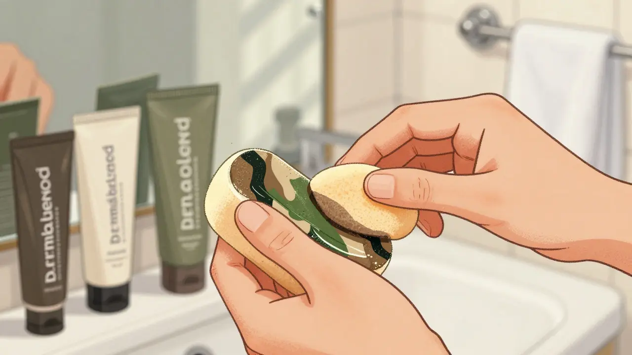 Close-up of hand applying specialized camouflage cream with sponge, cosmetic products visible in soft background.