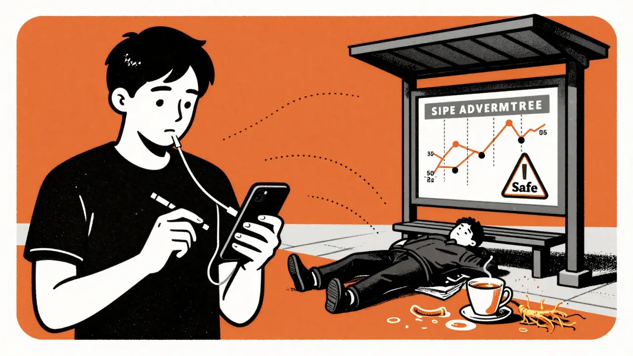 Contrasting scenes of safe monitoring versus fainting from hypoglycemia due to unmonitored ginseng use.