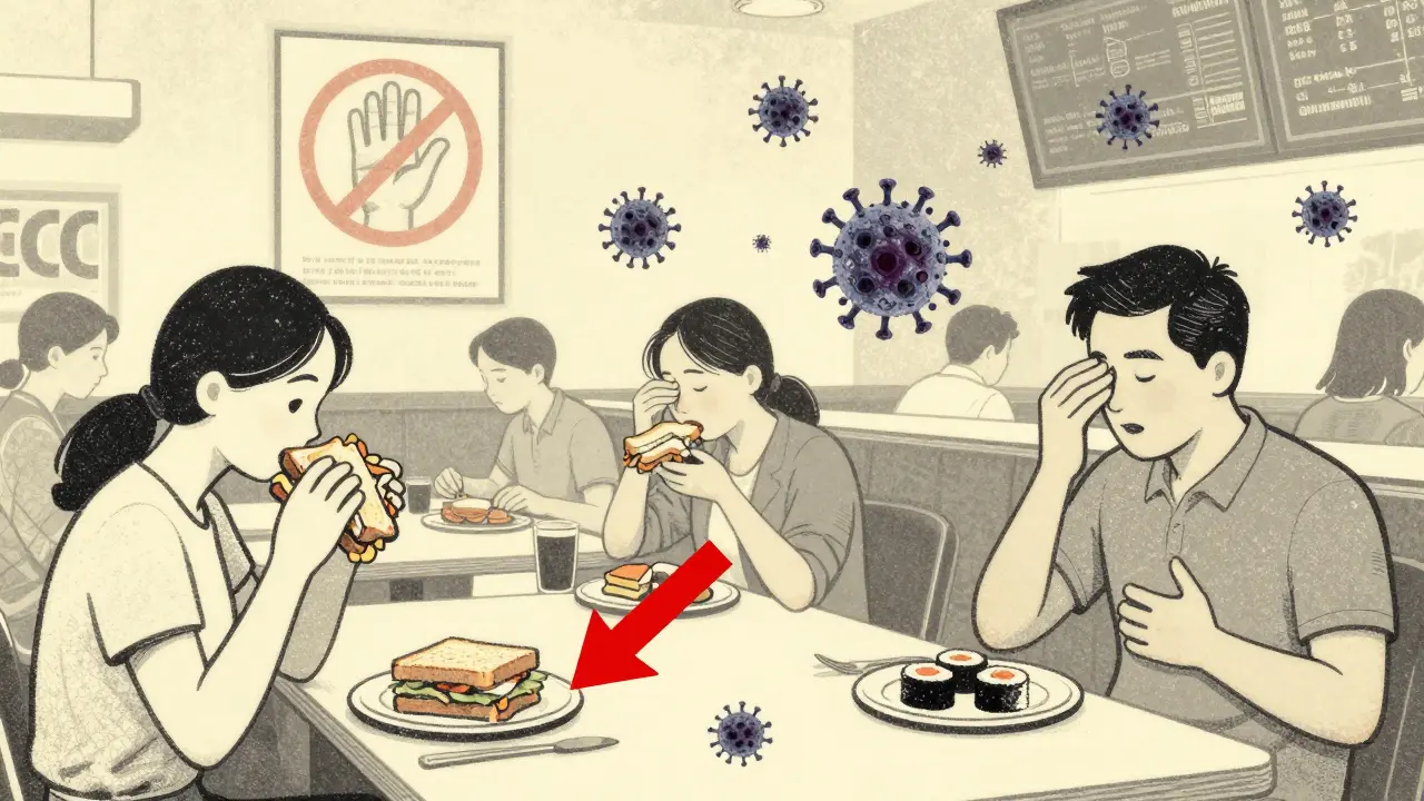 Diners eating ready-to-eat food as invisible hepatitis A particles spread unseen.