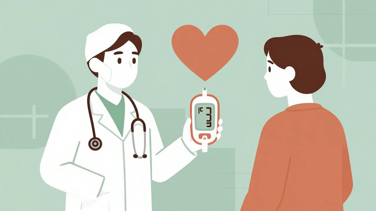 Doctor and patient discussing heart health with glucose monitor