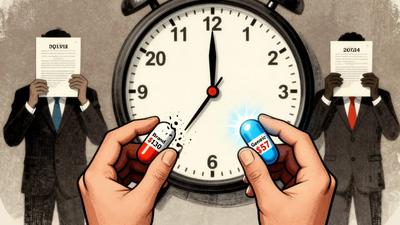 Patient holding generic pill that shines as brand pill crumbles, clock behind showing extended patent monopoly.