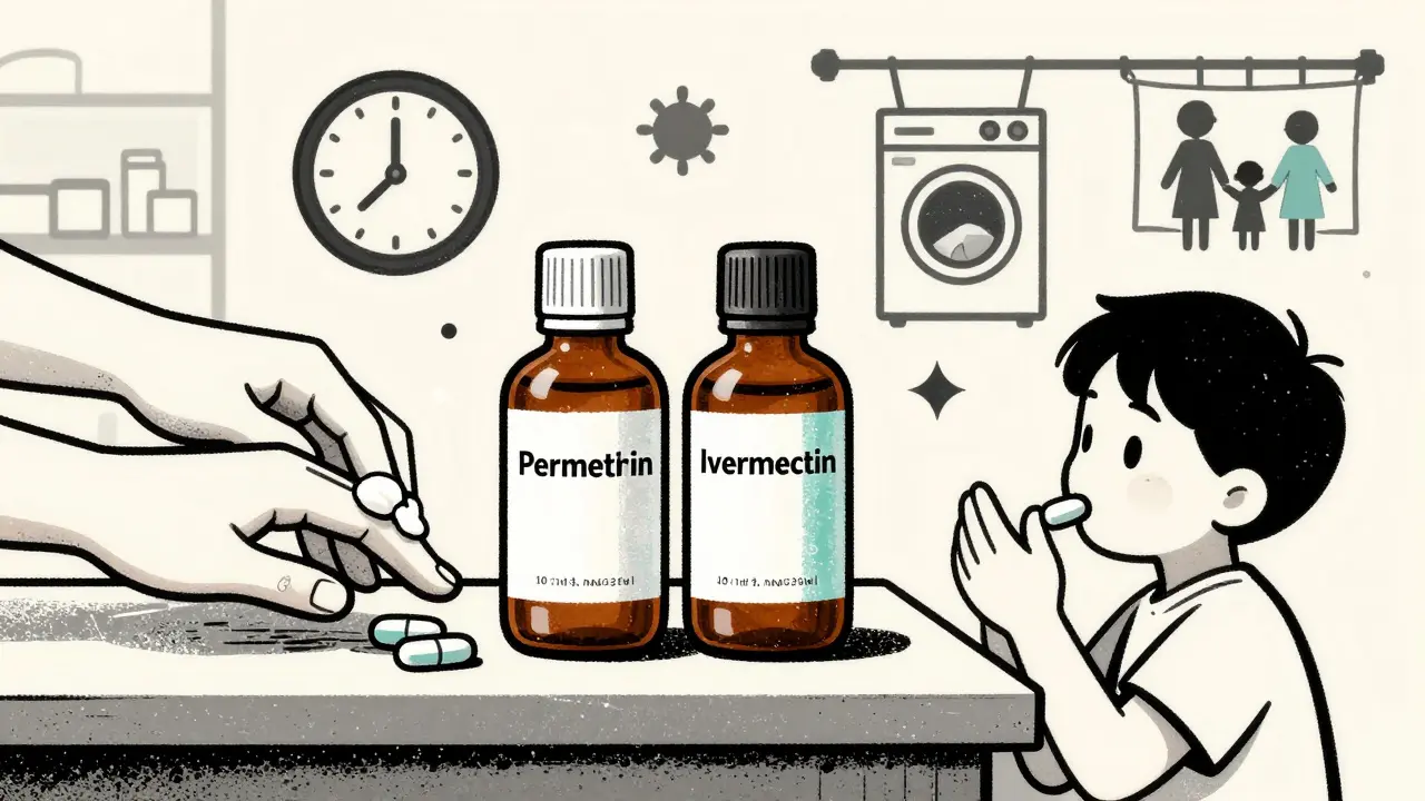 Permethrin cream and ivermectin pills at pharmacy with icons for treatment steps.