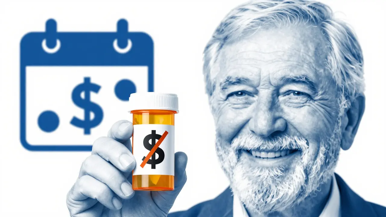 Senior smiling with prescription bottle and capped dollar symbol