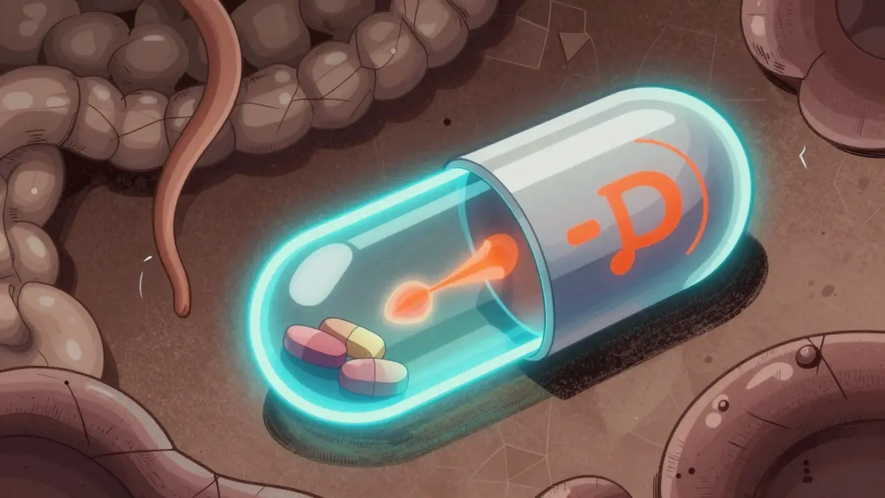 Smart lipid capsule releasing drug in response to gut enzymes, with glowing signals in a stylized intestinal environment.