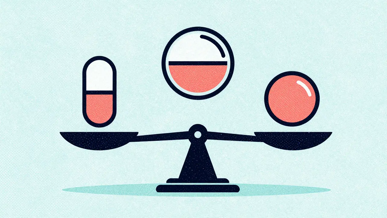 Statin pills on balance scale with pitavastatin lower risk level