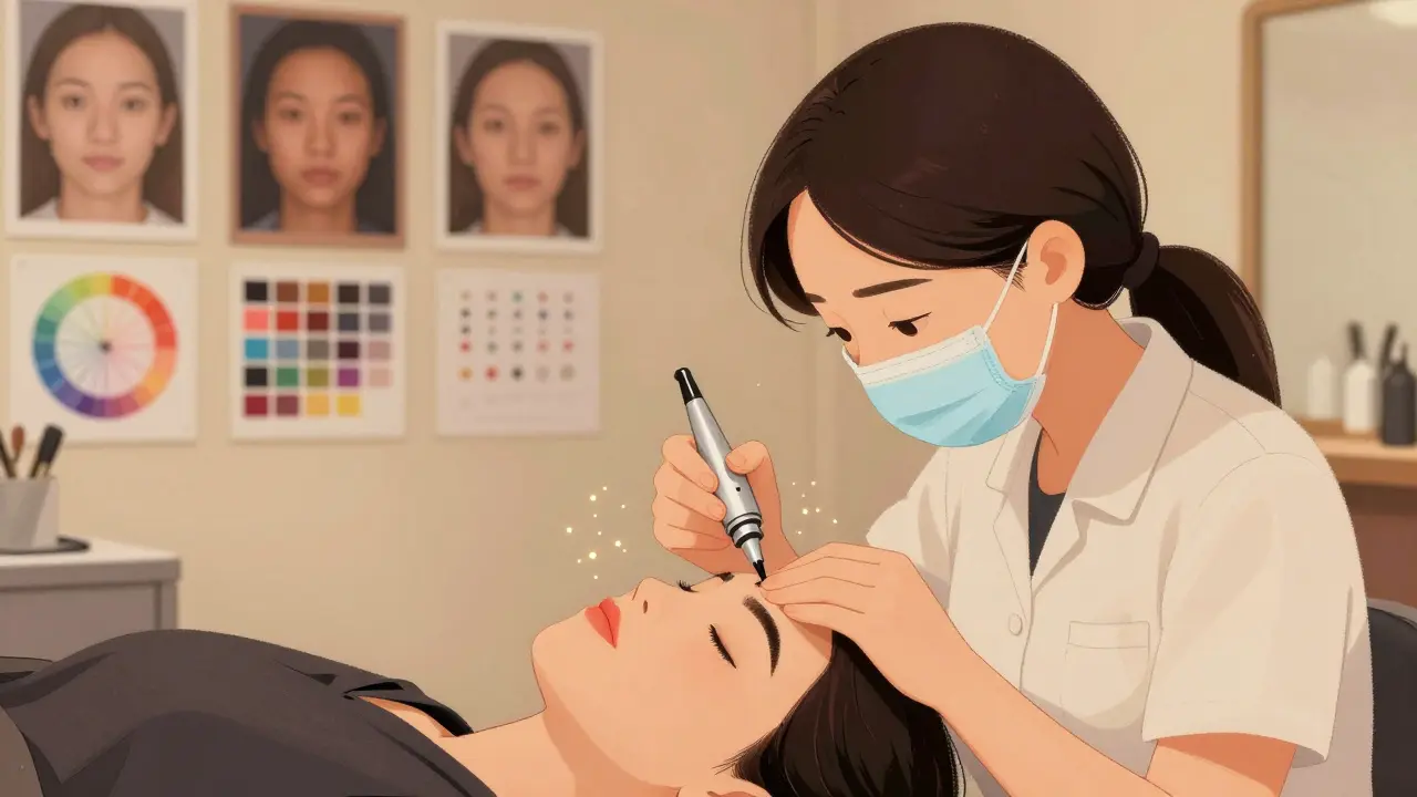 Technician performing micropigmentation on a client's lip, fine needle in action, warm lighting, calm salon setting.