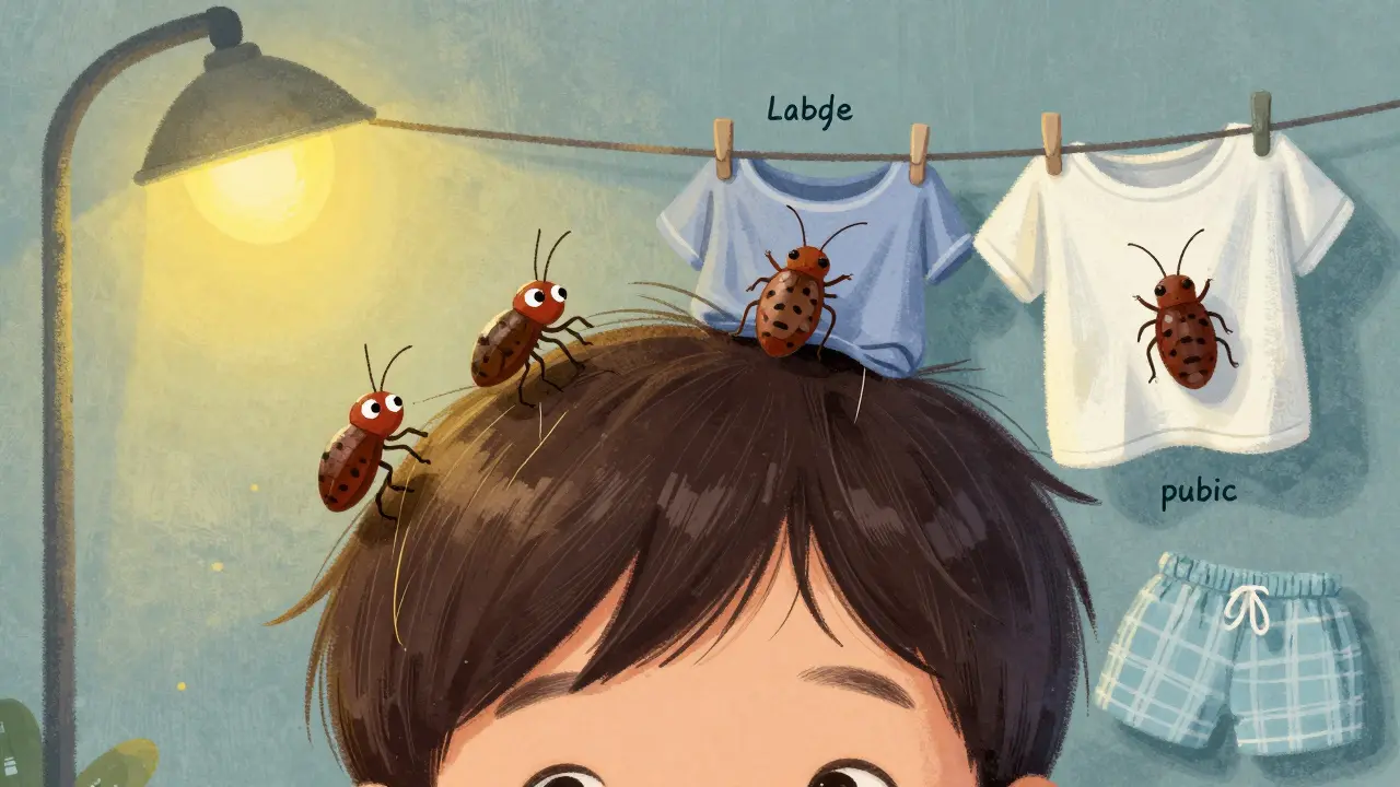 Three types of lice illustrated near hair, clothing, and pajamas in stylized form.