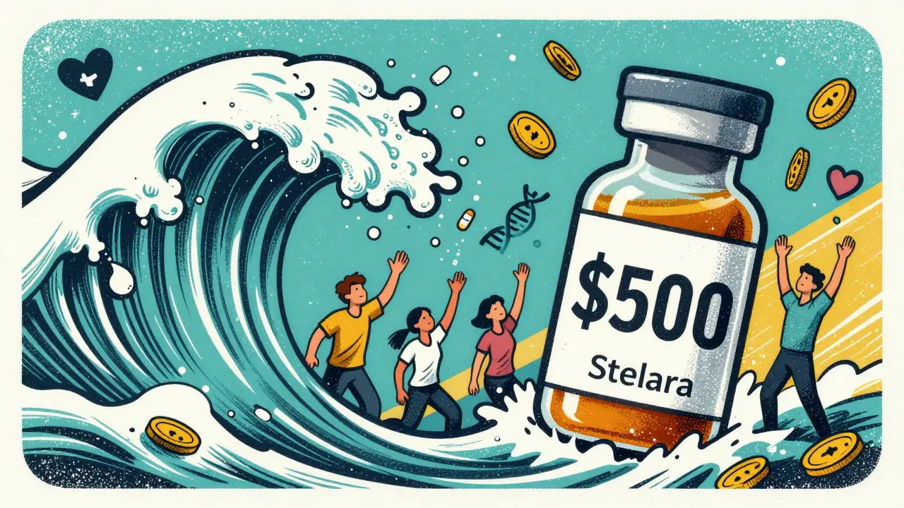 Wave of affordable biosimilar vials overwhelming an expensive biologic bottle, patients reaching to catch them.