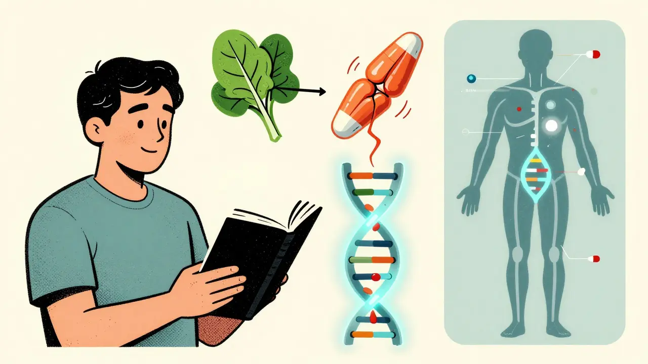 A person journaling beside a DNA strand with icons showing diet, muscle stress, and a digital twin simulation.