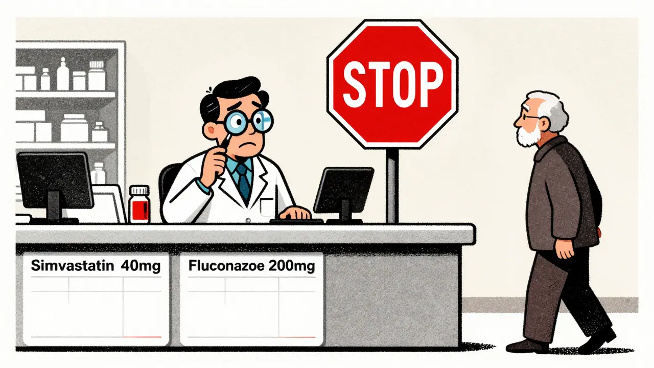 A pharmacist spotting a dangerous drug combo at the pharmacy counter, with a red stop sign overhead.