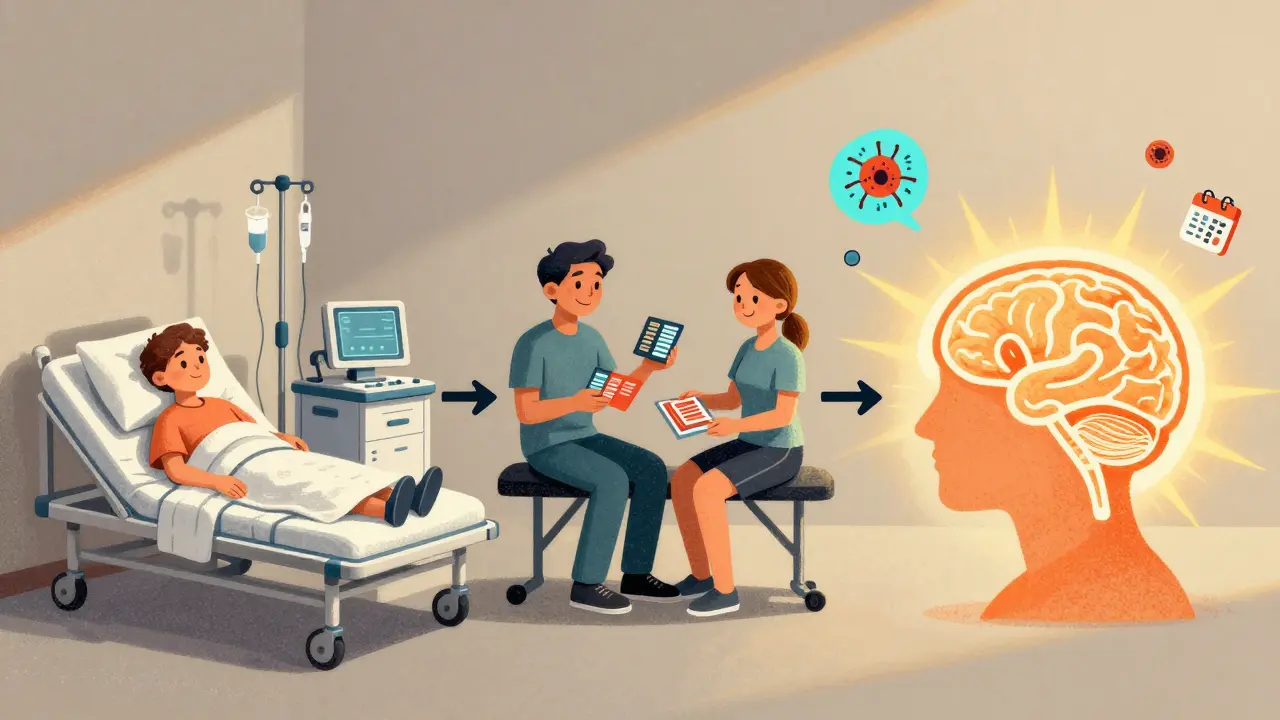 A recovery timeline showing medical treatment, therapy, and a glowing brain with sunburst of light.