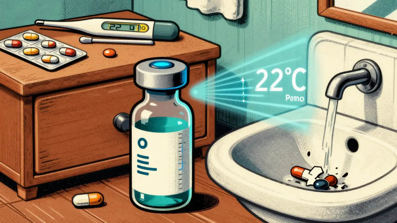 A smart insulin vial with a Bluetooth sensor adjusting its expiration date, next to properly stored pills in a cool drawer.