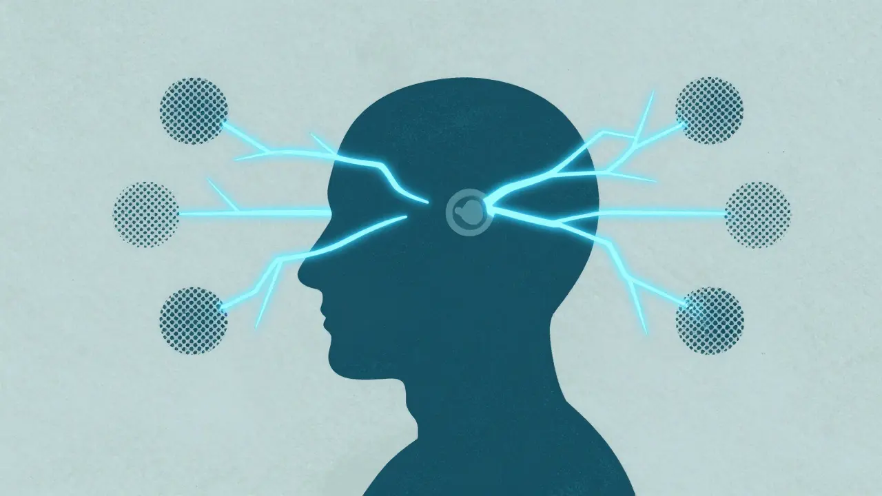 Calm figure with abstract energy waves stimulating the mind