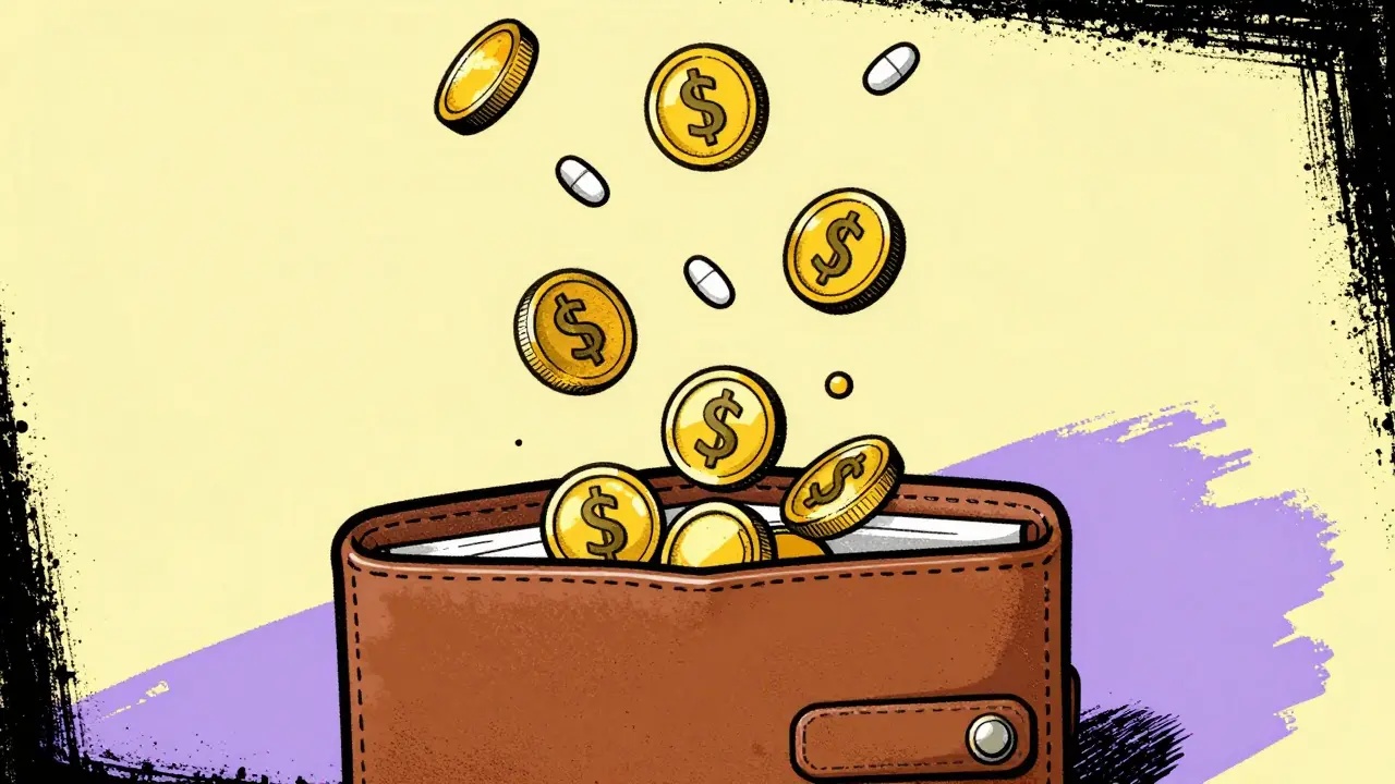 Coins turning into pills above an open wallet.