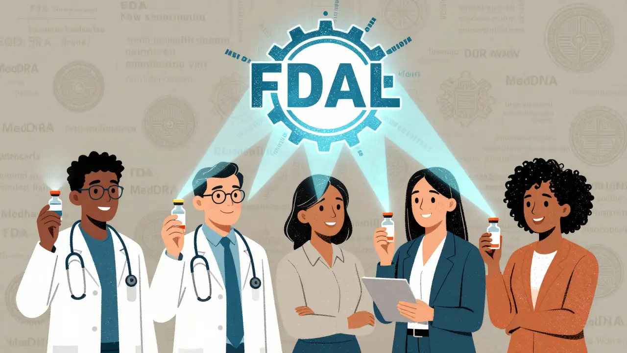 Diverse group of professionals holding drug vials whose light beams converge into an FDALabel logo made of gears and text.