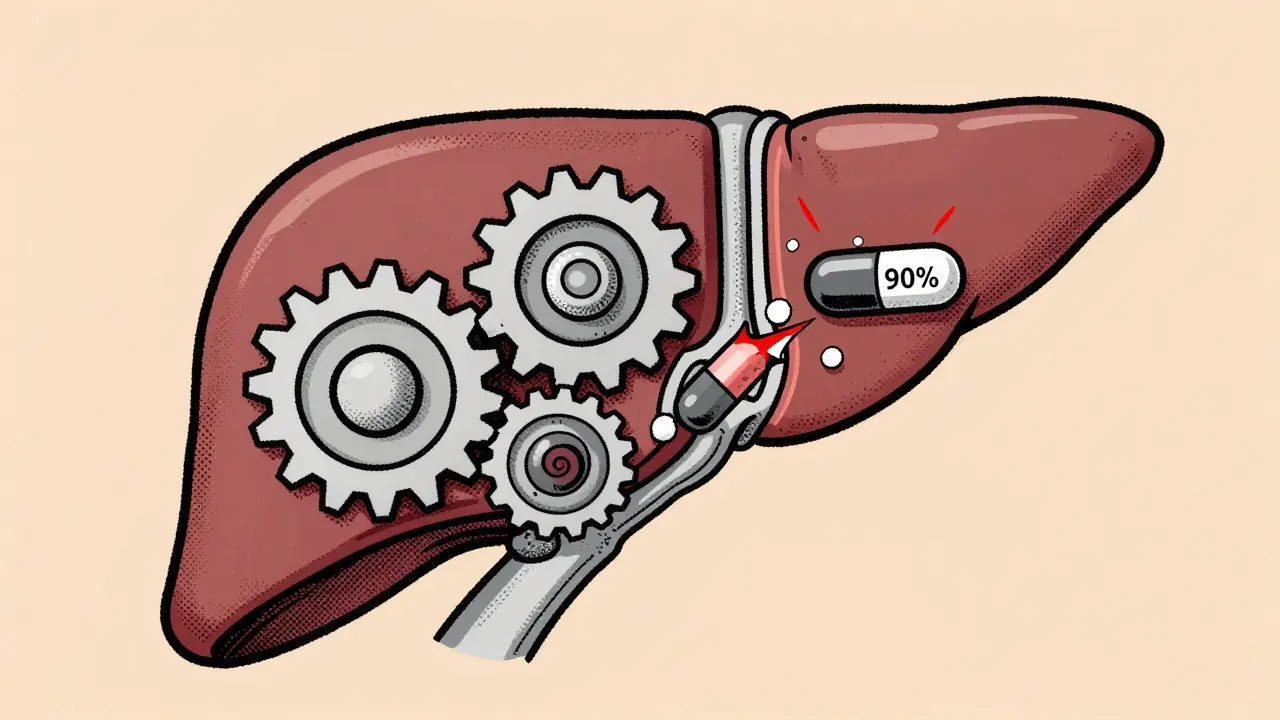 Liver processing drugs with one molecule losing 90% of its dose and warfarin detaching from proteins.