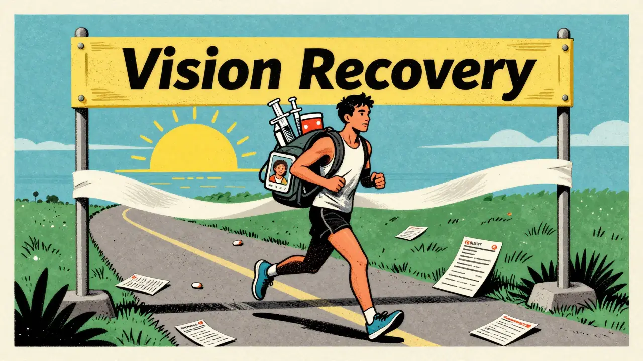 Marathon runner with syringes and health items, crossing finish line labeled 'Vision Recovery' under a rising sun.