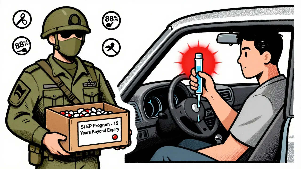 Military crate of long-lasting pills vs. a melting EpiPen in a hot car, showing contrast between safe and dangerous expiration scenarios.