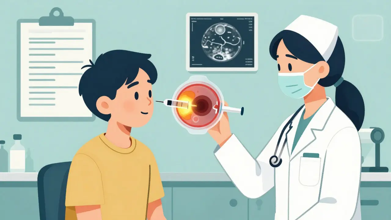 Patient receiving eye injection in clinic, with glowing retina showing reduced swelling and floating medical charts.