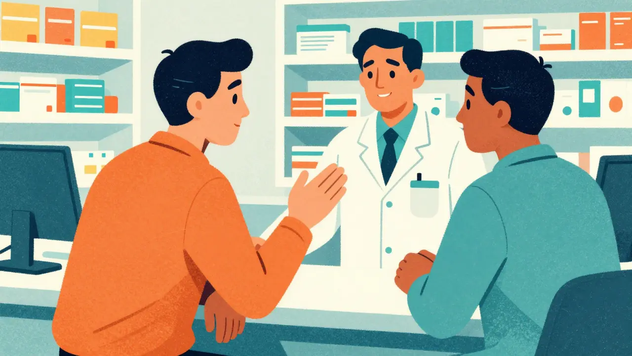 Patient speaking with a pharmacist across a counter.