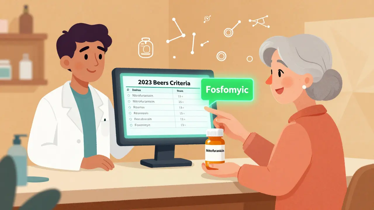 Pharmacist shows a senior woman a safer medication alternative on a glowing screen.