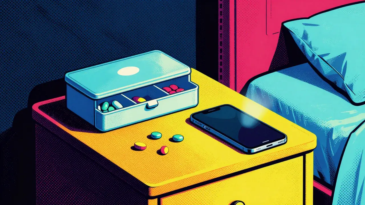 Pill organizer and phone on a nightstand with soft light.