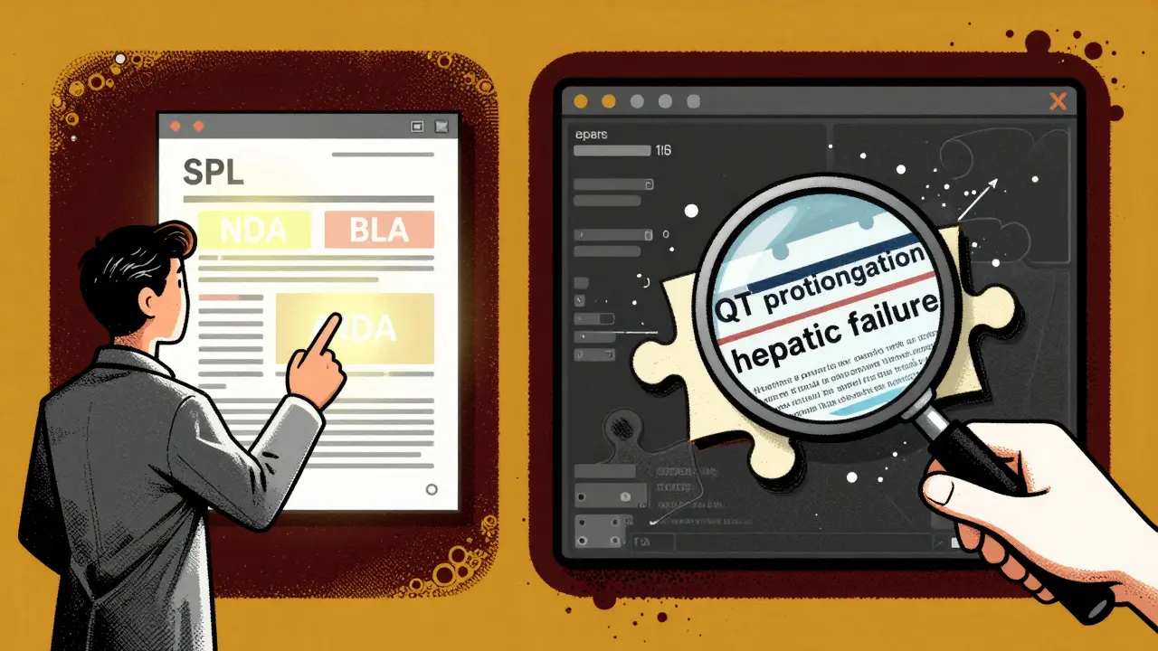Researcher examining an SPL document with labeled sections, filters collapsing like puzzle pieces, screenprint aesthetic.