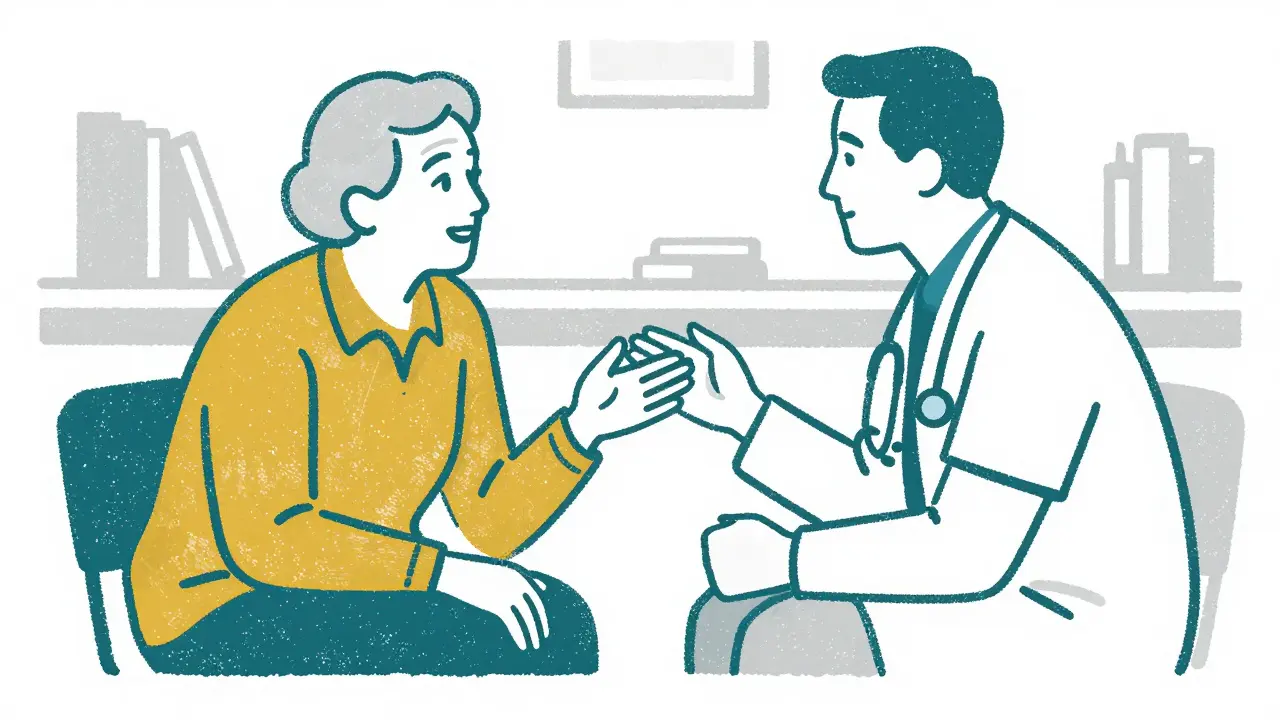 Senior patient discussing health with a doctor in an office.